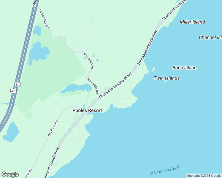 map of restaurants, bars, coffee shops, grocery stores, and more near 1000 Islands Parkway & Larue Mills Road in Mallorytown