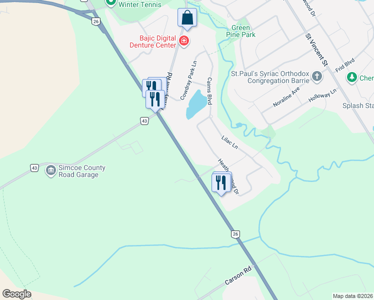 map of restaurants, bars, coffee shops, grocery stores, and more near 1109 Bayfield Street North in Springwater