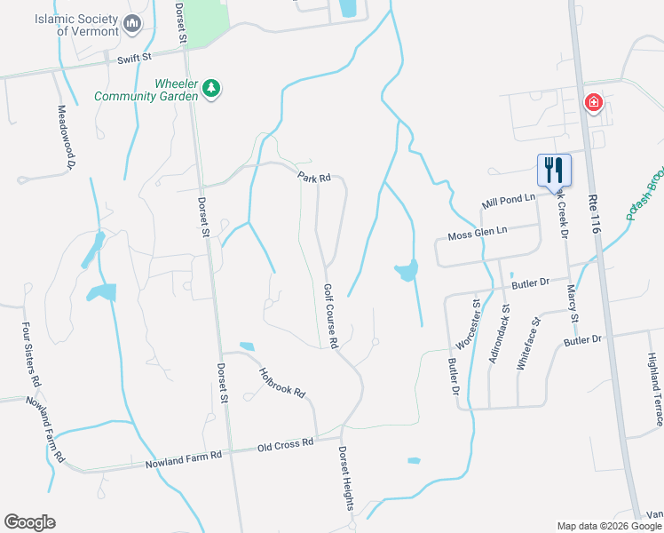 map of restaurants, bars, coffee shops, grocery stores, and more near 458 Golf Course Road in South Burlington