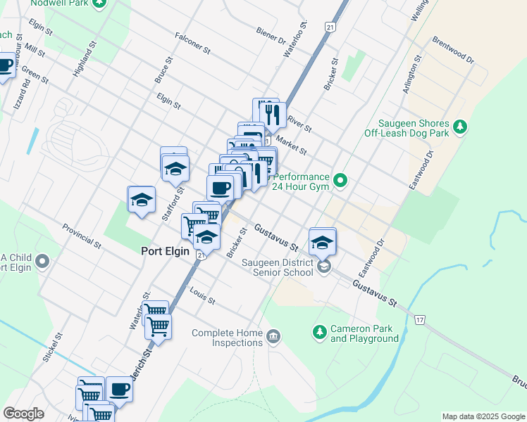 map of restaurants, bars, coffee shops, grocery stores, and more near 650 Green Street in Port Elgin