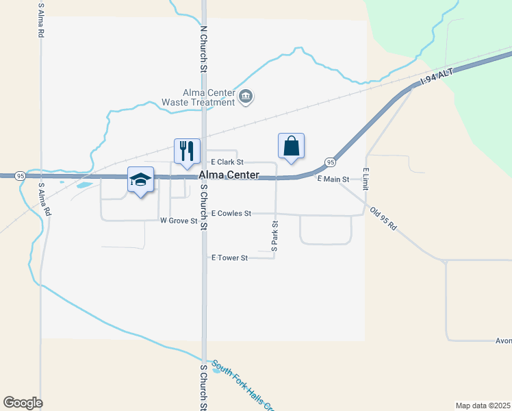 map of restaurants, bars, coffee shops, grocery stores, and more near 124 South Park Street in Alma Center