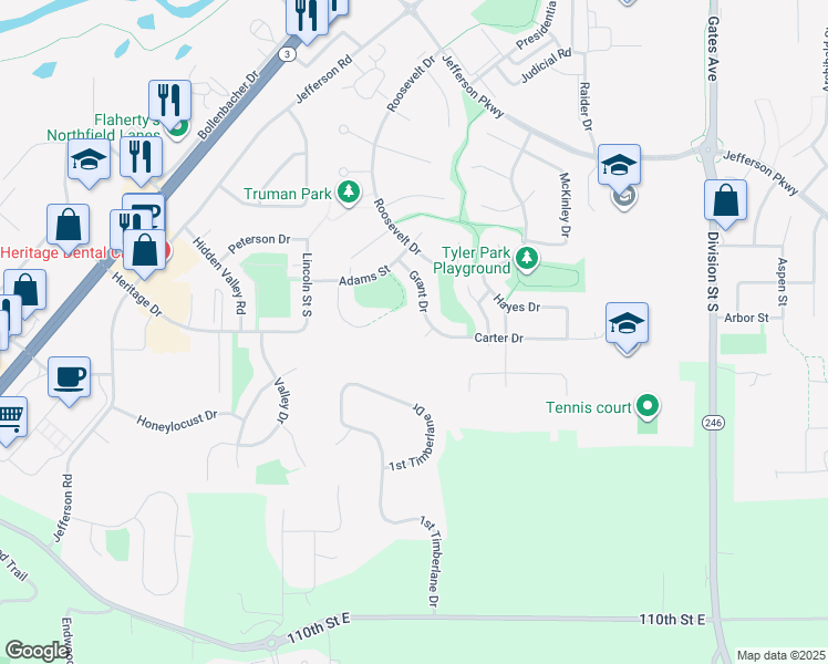 map of restaurants, bars, coffee shops, grocery stores, and more near 2206 Grant Court in Northfield