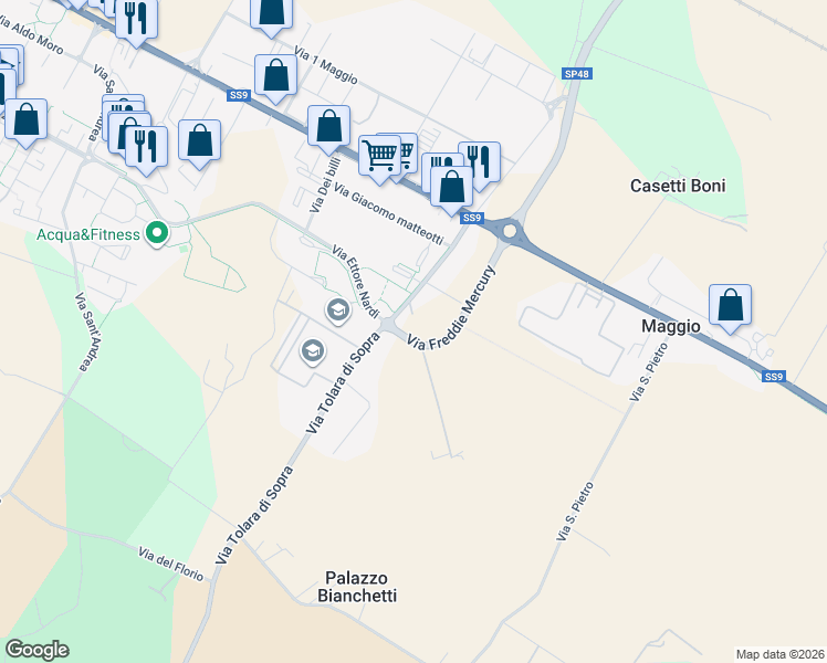 map of restaurants, bars, coffee shops, grocery stores, and more near 39 Via Tolara di Sopra in Ozzano Dell`Emilia
