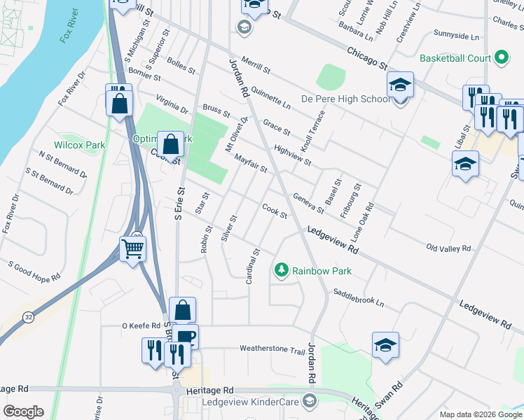 map of restaurants, bars, coffee shops, grocery stores, and more near 1504 Cook Street in De Pere