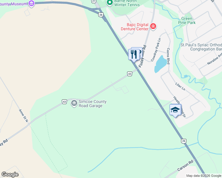 map of restaurants, bars, coffee shops, grocery stores, and more near 1077 Regional Road 43 in Barrie