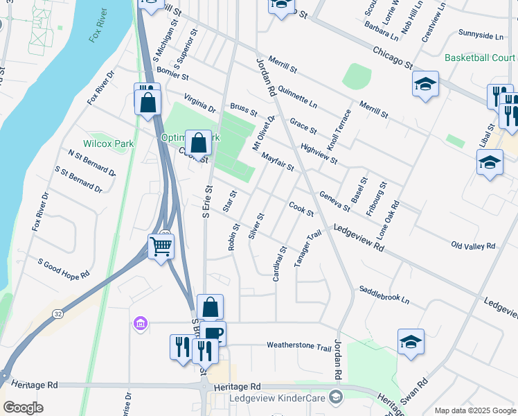map of restaurants, bars, coffee shops, grocery stores, and more near 1014 Silver Street in De Pere