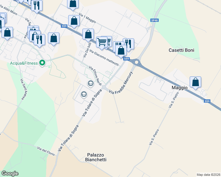 map of restaurants, bars, coffee shops, grocery stores, and more near 39 Via Tolara di Sopra in Ozzano Dell`Emilia