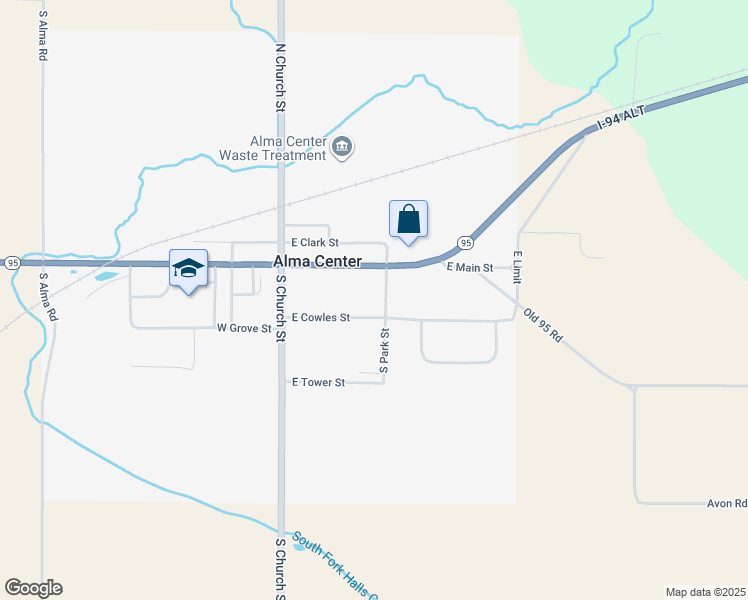 map of restaurants, bars, coffee shops, grocery stores, and more near 124 South Park Street in Alma Center