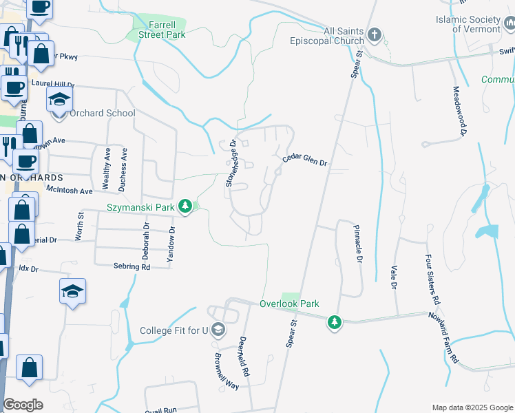 map of restaurants, bars, coffee shops, grocery stores, and more near I14 Stonehedge Drive in South Burlington