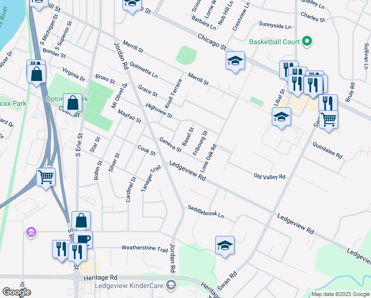 map of restaurants, bars, coffee shops, grocery stores, and more near 859 Basel Street in De Pere