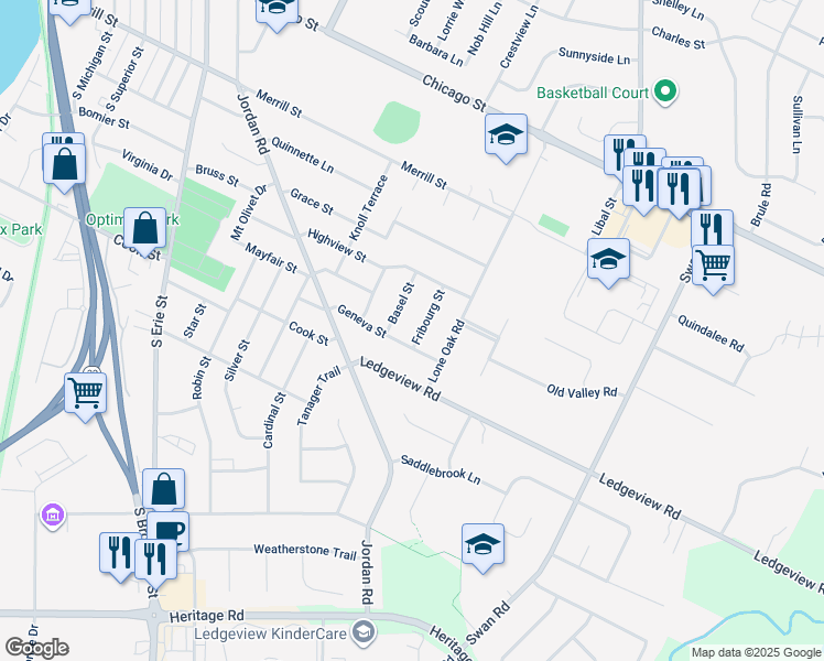 map of restaurants, bars, coffee shops, grocery stores, and more near 859 Basel Street in De Pere