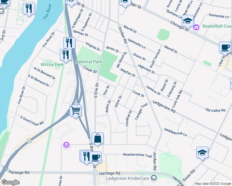 map of restaurants, bars, coffee shops, grocery stores, and more near 1014 Silver Street in De Pere