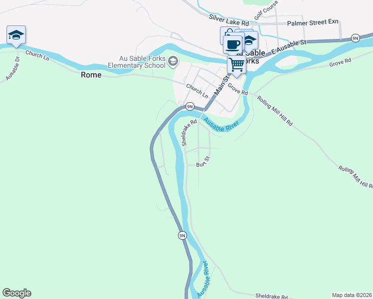 map of restaurants, bars, coffee shops, grocery stores, and more near 496 Shelldrake Road in Au Sable Forks