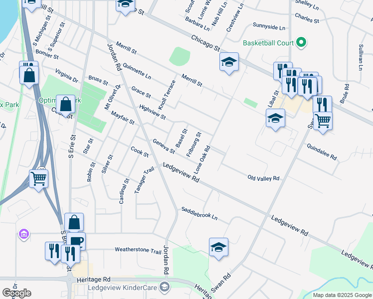 map of restaurants, bars, coffee shops, grocery stores, and more near 859 Basel Street in De Pere