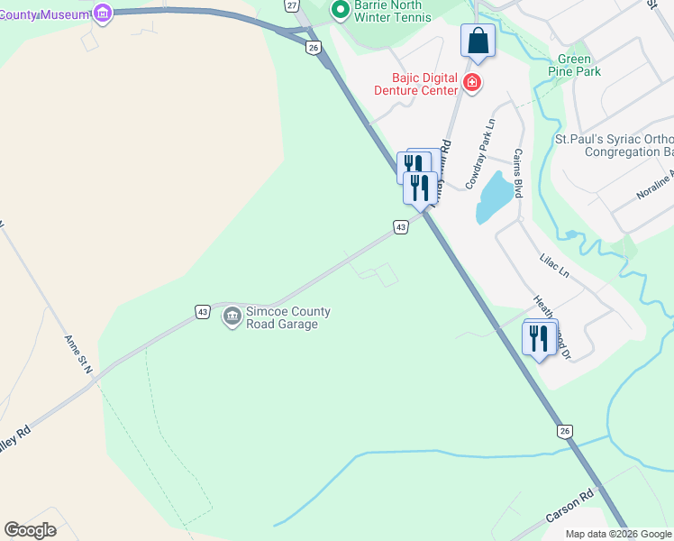 map of restaurants, bars, coffee shops, grocery stores, and more near 1077 Regional Road 43 in Barrie