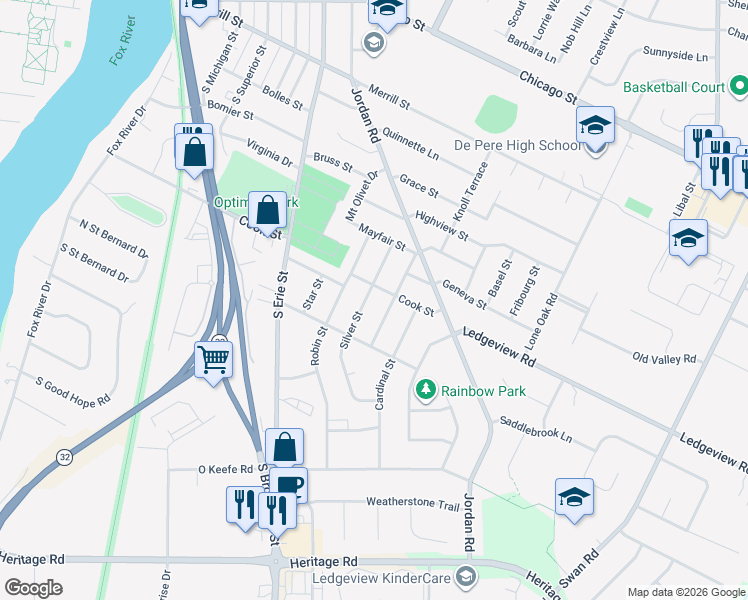 map of restaurants, bars, coffee shops, grocery stores, and more near 1014 Silver Street in De Pere