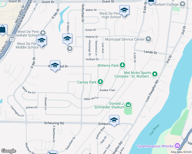 map of restaurants, bars, coffee shops, grocery stores, and more near 1231 Danena Drive in De Pere