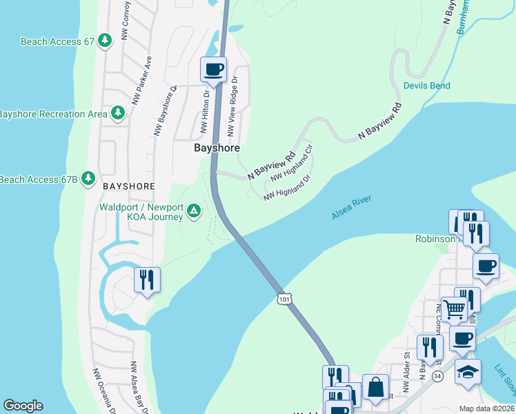 map of restaurants, bars, coffee shops, grocery stores, and more near 1045 Northwest Highland Drive in Waldport