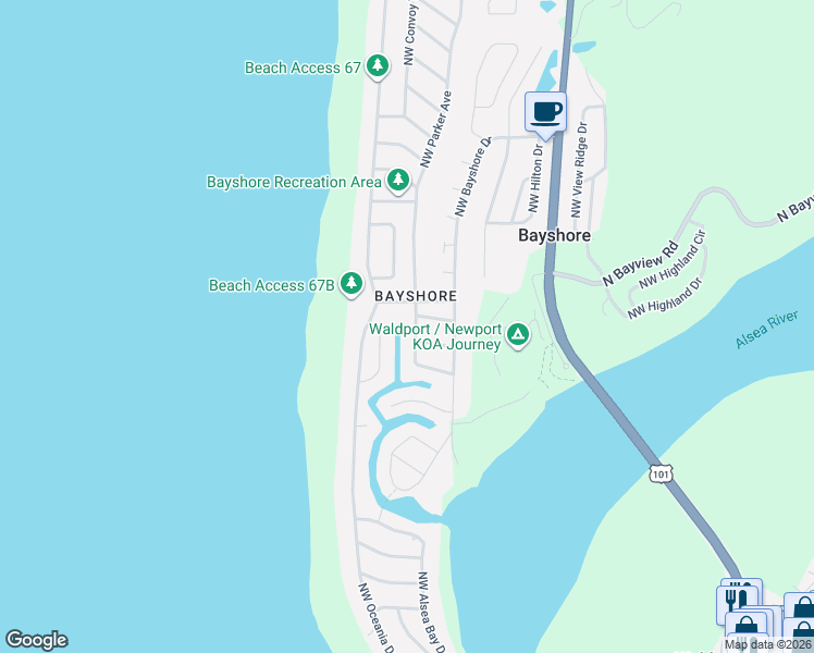 map of restaurants, bars, coffee shops, grocery stores, and more near 1306 Northwest Parker Avenue in Waldport