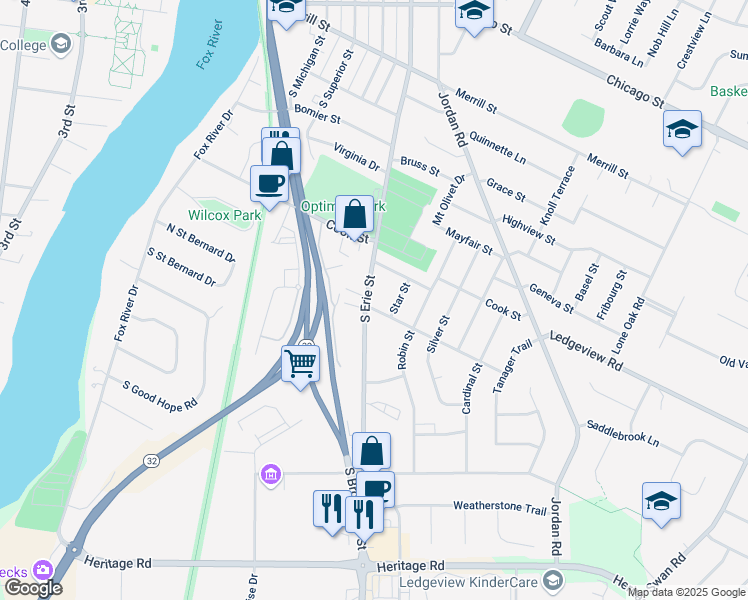 map of restaurants, bars, coffee shops, grocery stores, and more near 1019 South Erie Street in De Pere