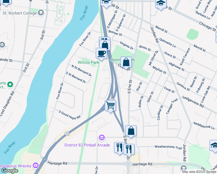 map of restaurants, bars, coffee shops, grocery stores, and more near 1265 Pershing Road in De Pere