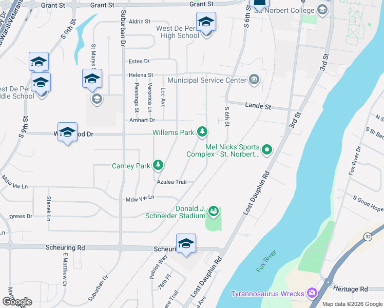 map of restaurants, bars, coffee shops, grocery stores, and more near 1237 Driftwood Drive in De Pere