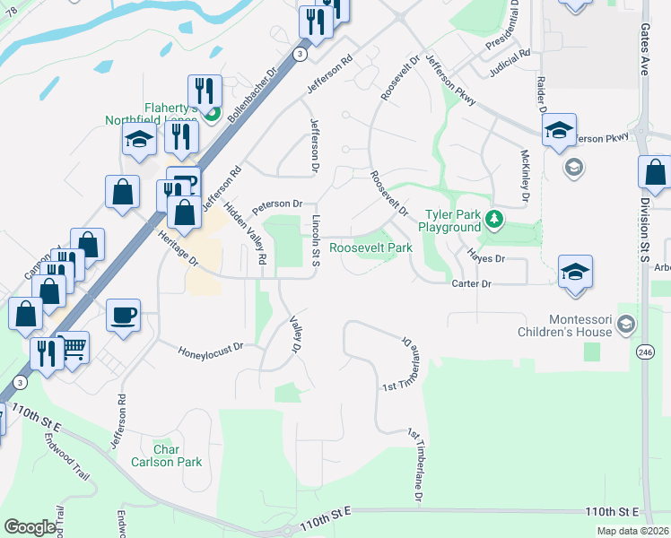 map of restaurants, bars, coffee shops, grocery stores, and more near 2108 Taylor Court in Northfield