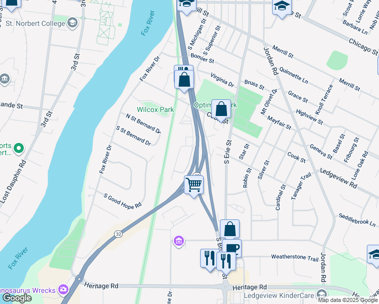 map of restaurants, bars, coffee shops, grocery stores, and more near 1265 Pershing Road in De Pere