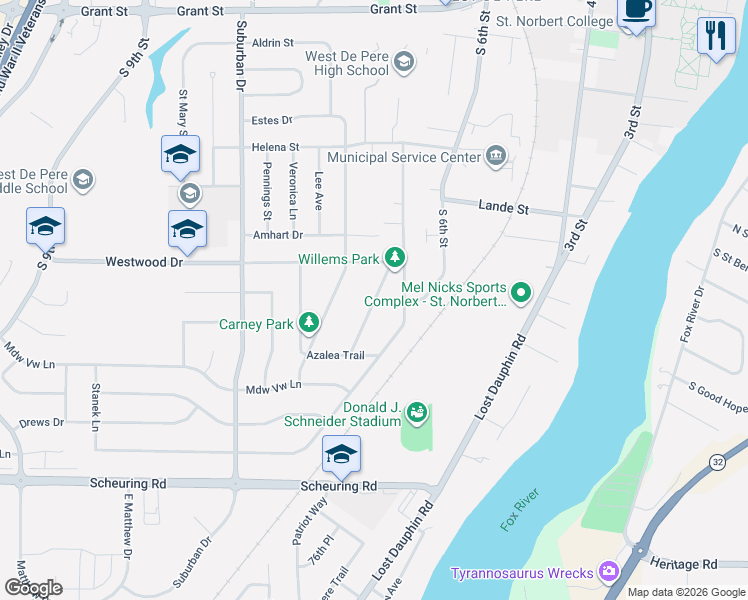 map of restaurants, bars, coffee shops, grocery stores, and more near 1237 Driftwood Drive in De Pere