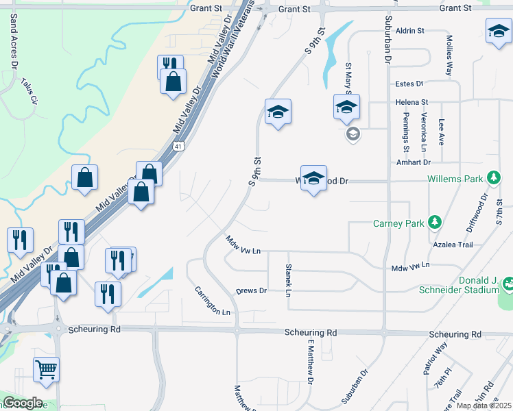 map of restaurants, bars, coffee shops, grocery stores, and more near 1282 Carmen Court in De Pere