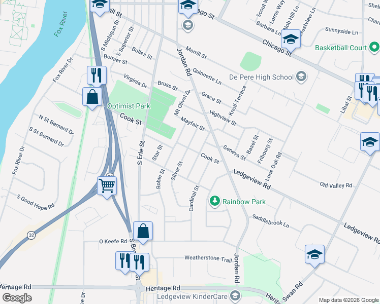 map of restaurants, bars, coffee shops, grocery stores, and more near 1504 Cook Street in De Pere