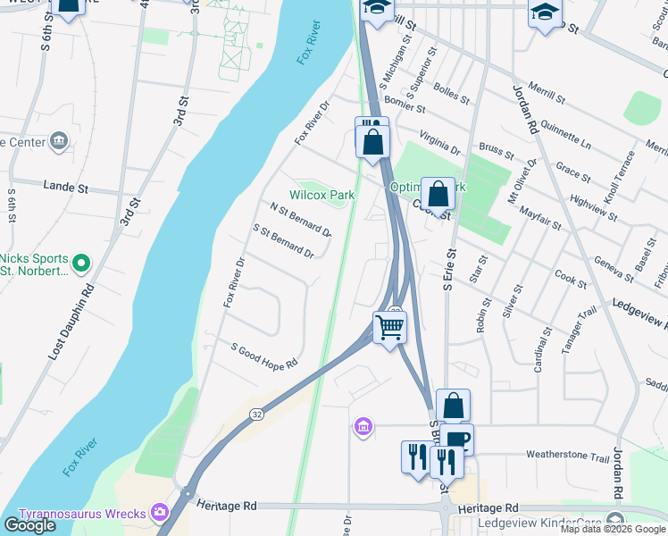 map of restaurants, bars, coffee shops, grocery stores, and more near 445 North Good Hope Road in De Pere