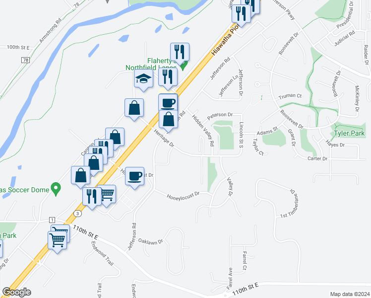 map of restaurants, bars, coffee shops, grocery stores, and more near 1400 Heritage Drive in Northfield
