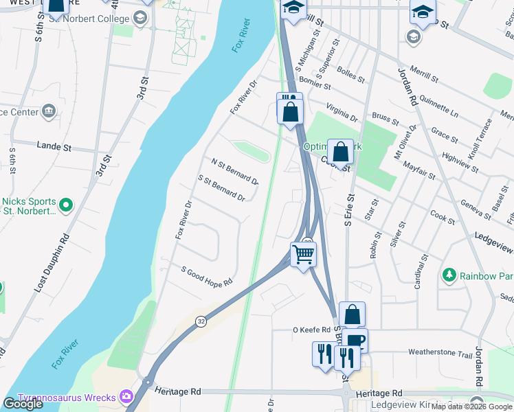 map of restaurants, bars, coffee shops, grocery stores, and more near 445 North Good Hope Road in De Pere