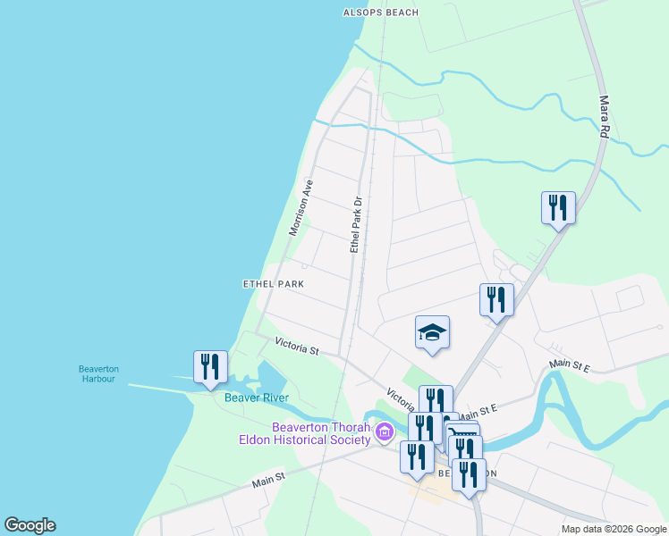 map of restaurants, bars, coffee shops, grocery stores, and more near 110 Seventh Street in Brock