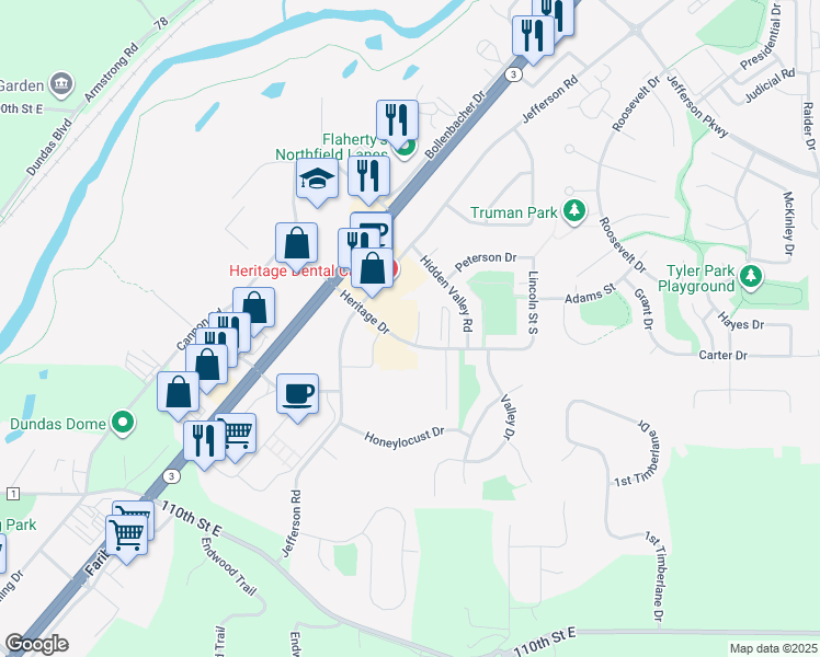 map of restaurants, bars, coffee shops, grocery stores, and more near 1405 Heritage Drive in Northfield