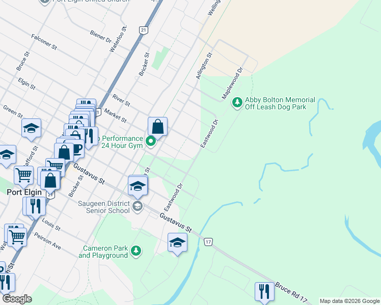 map of restaurants, bars, coffee shops, grocery stores, and more near 815 Market Street in Port Elgin