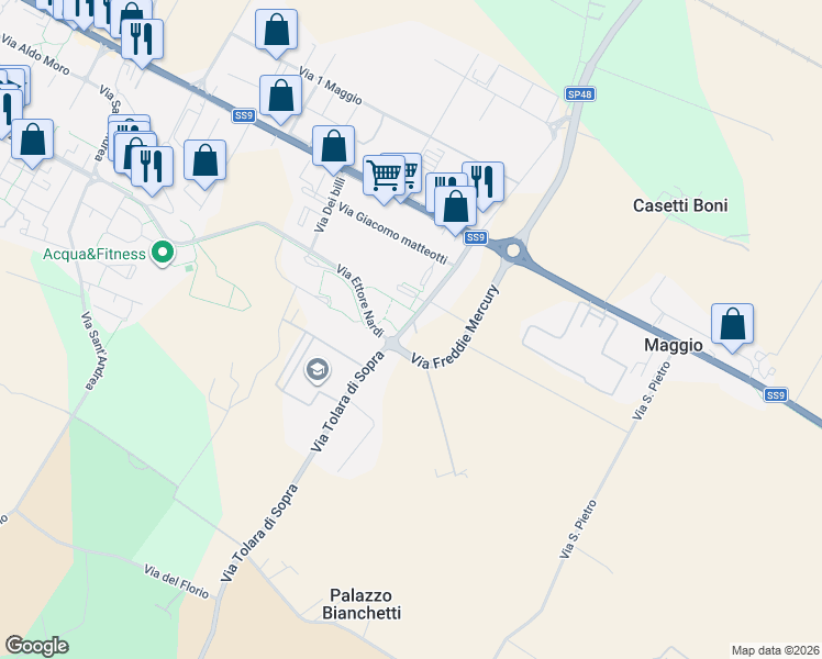 map of restaurants, bars, coffee shops, grocery stores, and more near 39 Via Tolara di Sopra in Ozzano Dell`Emilia