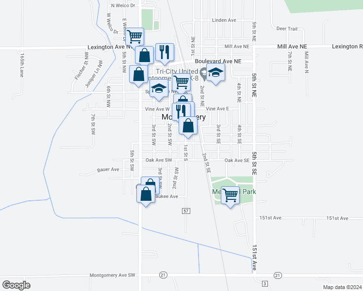 map of restaurants, bars, coffee shops, grocery stores, and more near 99 Oak Avenue Southwest in Montgomery