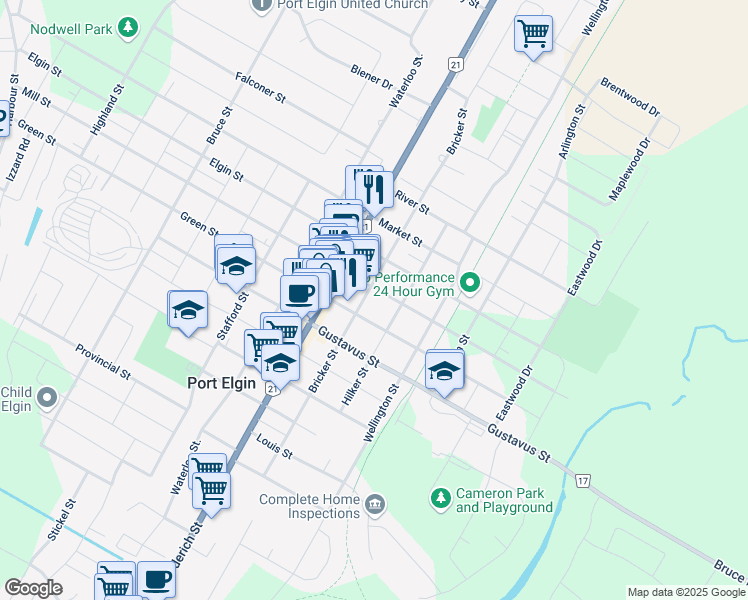 map of restaurants, bars, coffee shops, grocery stores, and more near 650 Green Street in Port Elgin