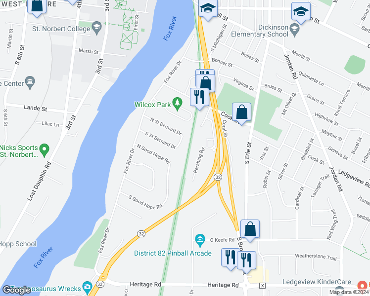 map of restaurants, bars, coffee shops, grocery stores, and more near 445 North Good Hope Road in De Pere