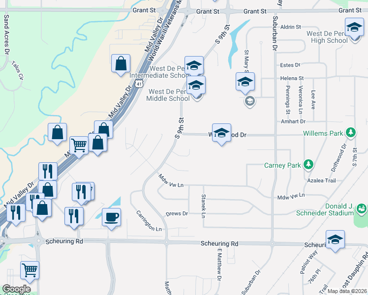 map of restaurants, bars, coffee shops, grocery stores, and more near 1259 Carmen Court in De Pere