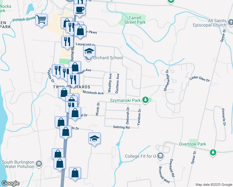 map of restaurants, bars, coffee shops, grocery stores, and more near 121 McIntosh Avenue in South Burlington
