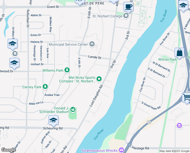 map of restaurants, bars, coffee shops, grocery stores, and more near 1300 Lost Dauphin Road in De Pere