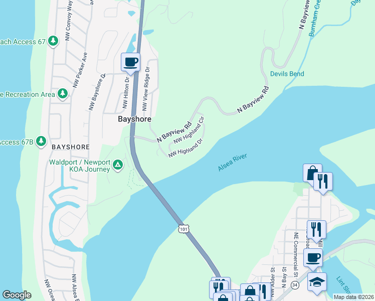 map of restaurants, bars, coffee shops, grocery stores, and more near 939 Highland Circle in Waldport