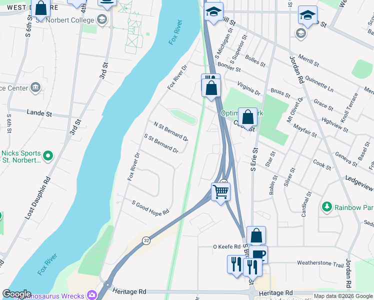 map of restaurants, bars, coffee shops, grocery stores, and more near 453 North Saint Bernard Drive in De Pere
