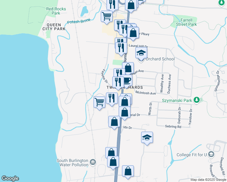 map of restaurants, bars, coffee shops, grocery stores, and more near 2-174 Fayette Dr in South Burlington
