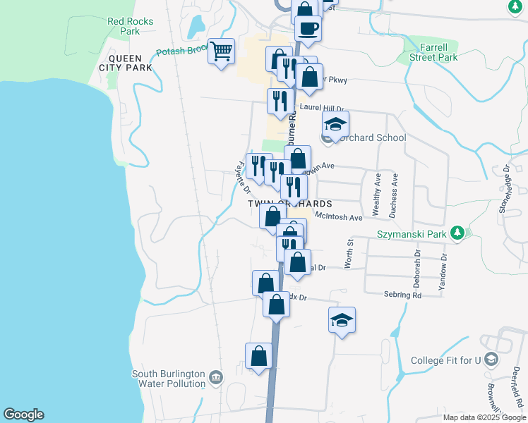 map of restaurants, bars, coffee shops, grocery stores, and more near 2-174 Fayette Dr in South Burlington