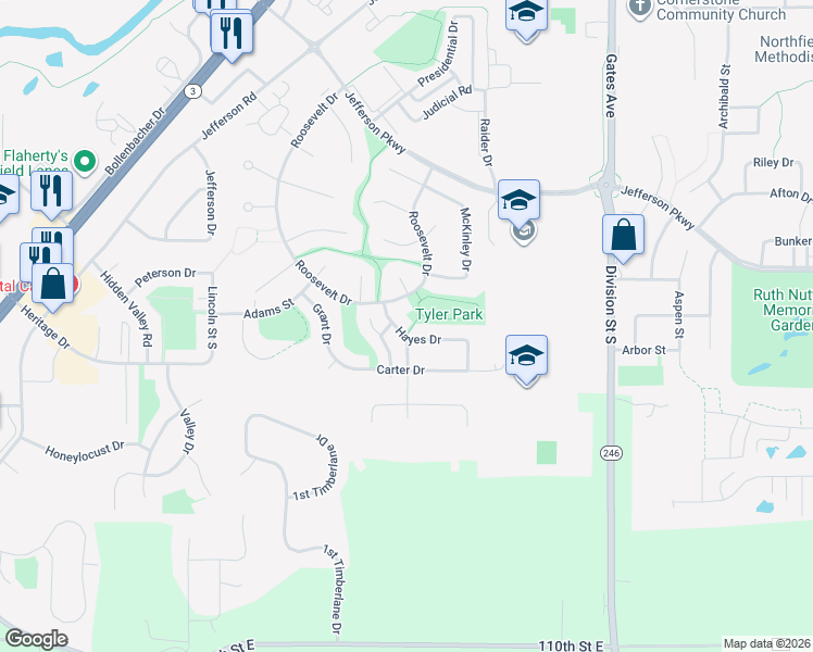 map of restaurants, bars, coffee shops, grocery stores, and more near 617 Hayes Drive in Northfield