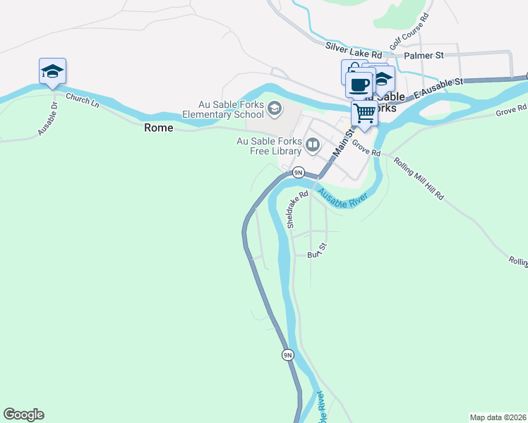 map of restaurants, bars, coffee shops, grocery stores, and more near 14155 New York 9N in Au Sable Forks